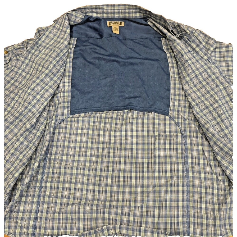 Duluth Trading Co Shirt Mens 2XL Fishing Blue Plaid Long Sleeve Pockets Outdoor - Picture 9 of 12